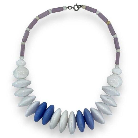 Chunky Disc White & Blue Beaded Resin Pink Straws Collar Necklace 18" - Picture 1 of 8